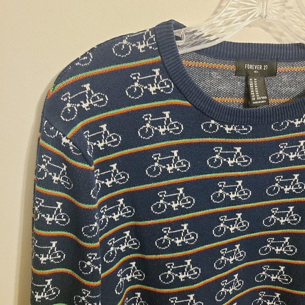 Forever 21 Men | Navy Bicycle Print & Striped Crewneck Sweater (Size Medium) - Picture 7 of 12